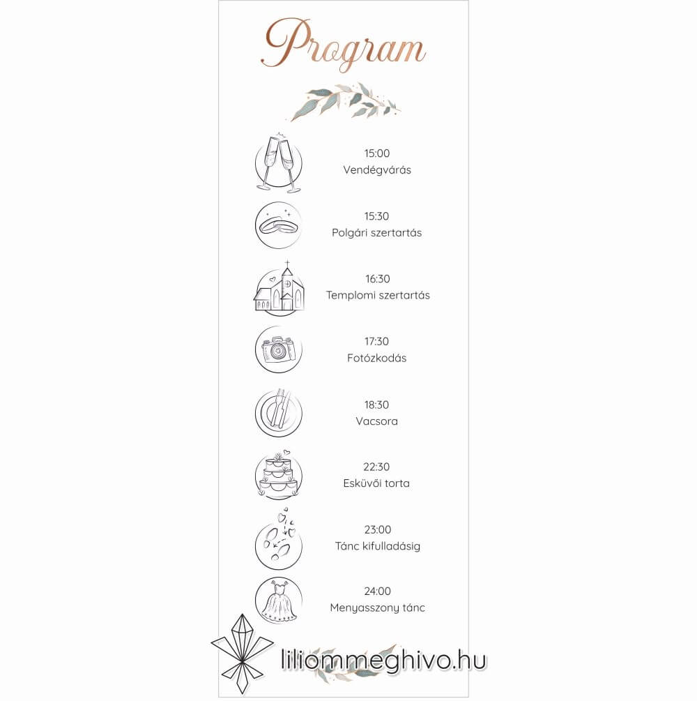 Rosegold esküvői programkártya modern hangulat egylapos változat