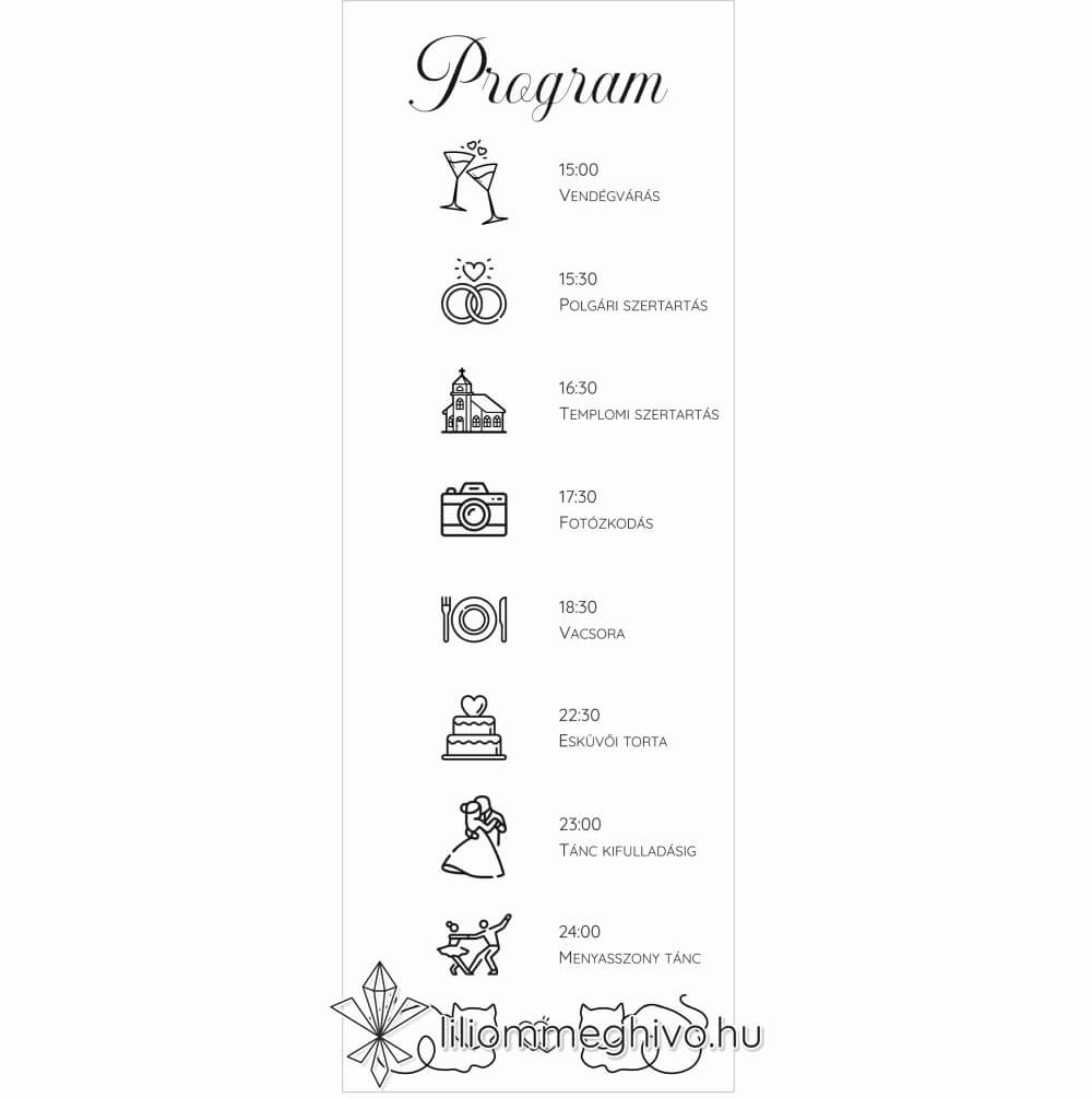 Sziámi esküvői programkártya stilizált cicákkal egylapos változat