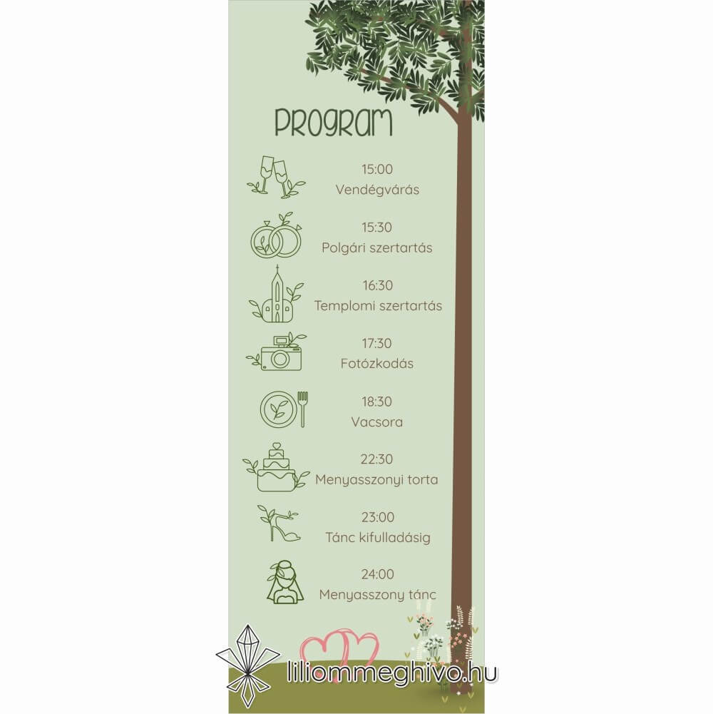 Tisztás esküvői programkártya rajzolt hangulat egylapos változat