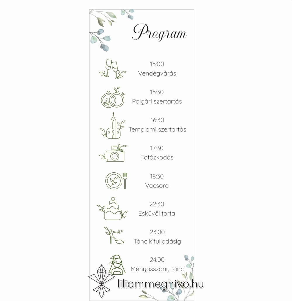 Zöldike esküvői programkártya greenery hangulat zöld virágokkal