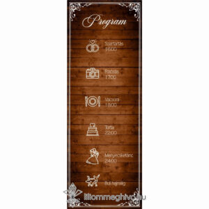 Pajta esküvői programkártya festett deszkaminta fehér betűk