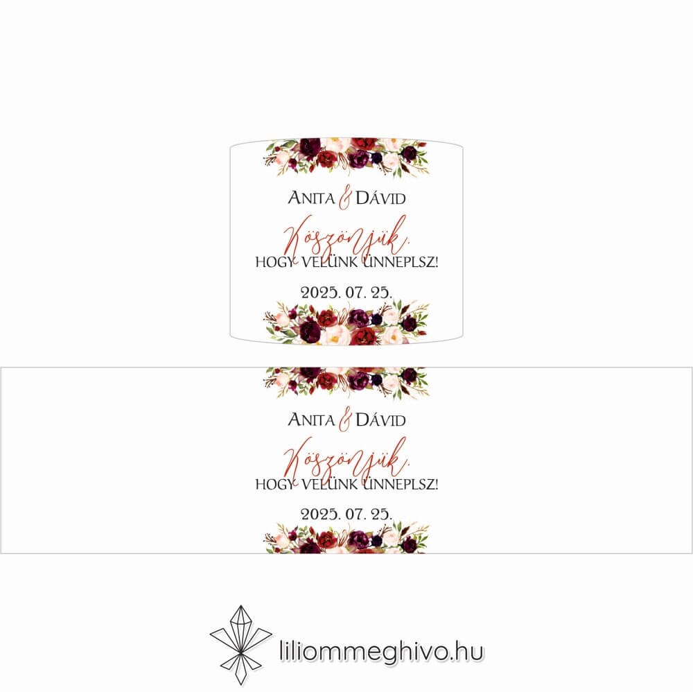 Burgundy esküvői szalvétagyűrű bordó virágokkal