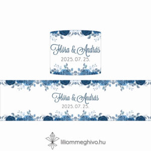 Éjfél esküvői szalvétagyűrű téli hangulat kék virágokkal