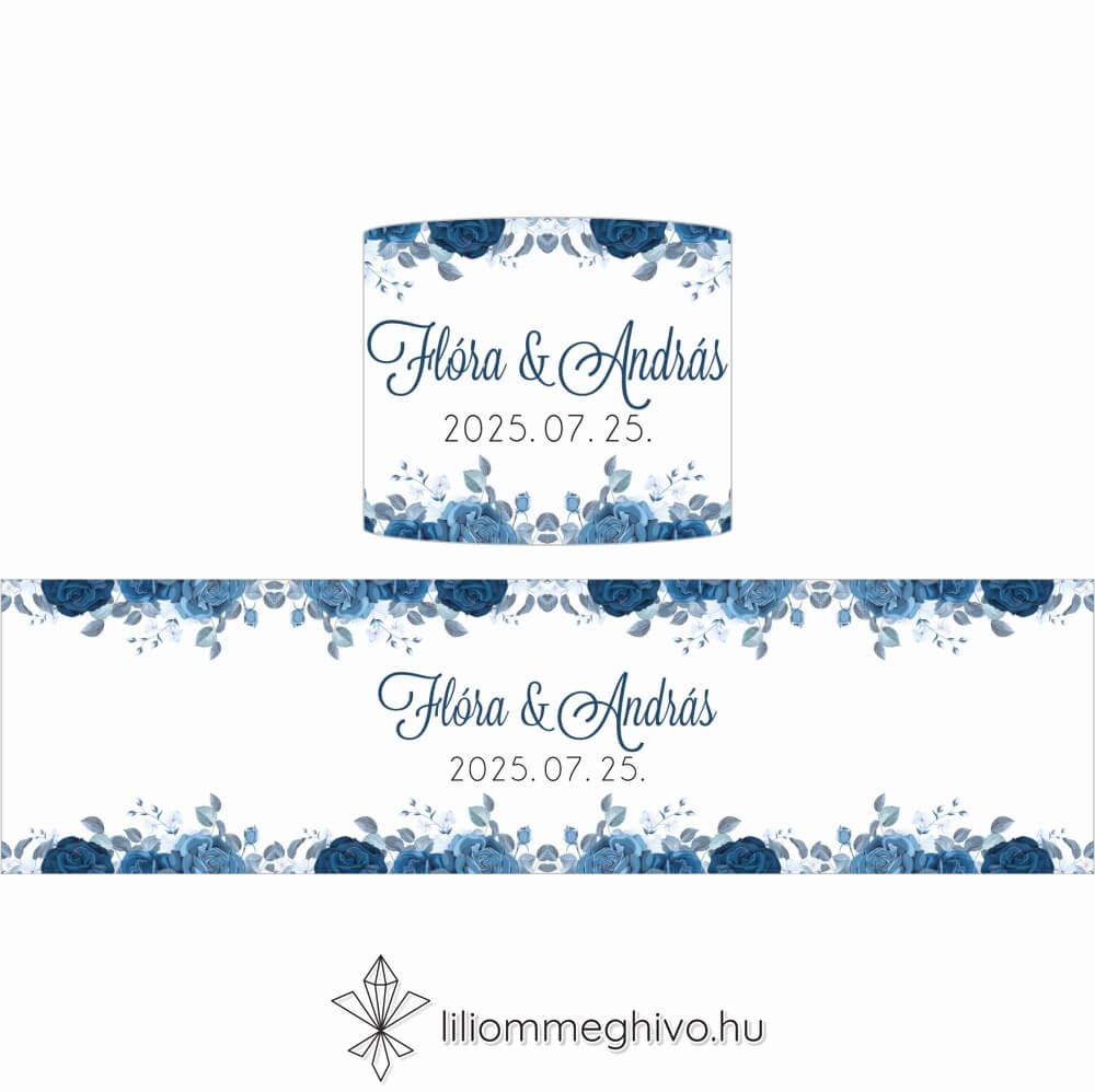 Éjfél esküvői szalvétagyűrű téli hangulat kék virágokkal