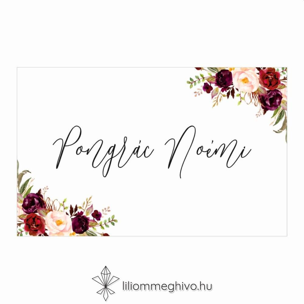 Burgundy ültetőkártya bordó virágokkal egylapos változat
