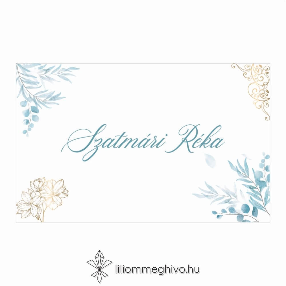 Jégvirág ültetőkártya téli esküvőre kék virágok arany minták egylapos változat