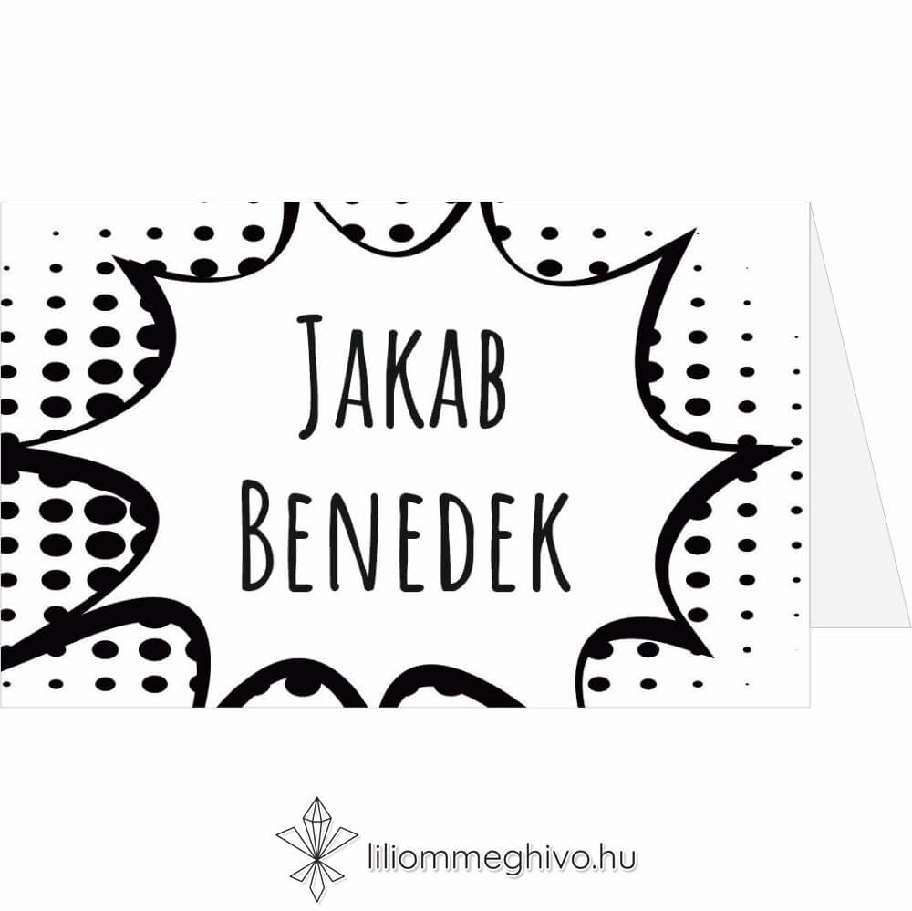 Buborék ültetőkártya modern és képregényes hangulat fekete-fehér sátor változat