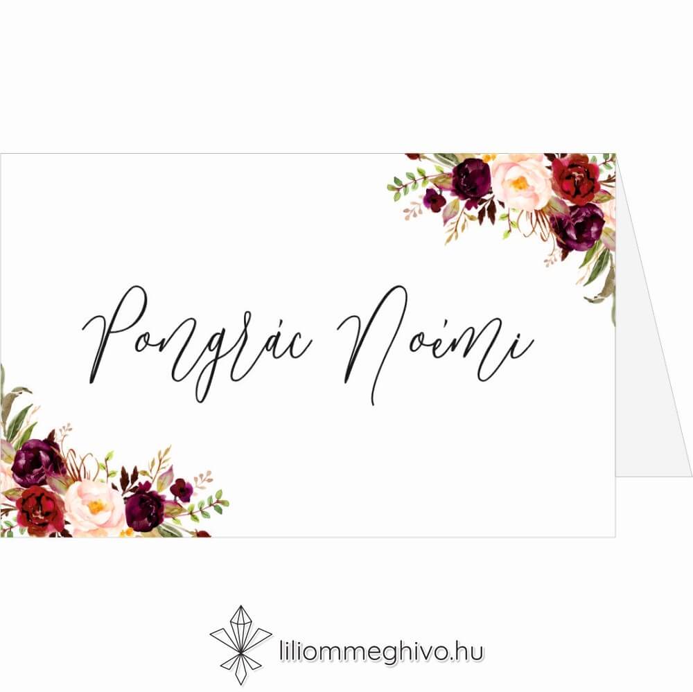 eskuvoi-ultetokartya-ketoldalas-burgundy-liliommeghivo Burgundy ültetőkártya bordó virágokkal sátor változat