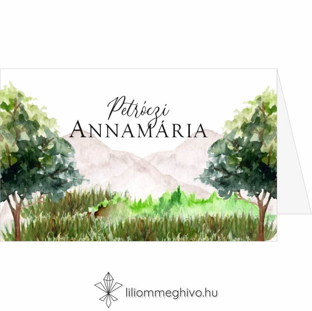 eskuvoi-ultetokartya-ketoldalas-harsliget-liliommeghivo Mályva ültetőkártya zöld fákkal sátor forma
