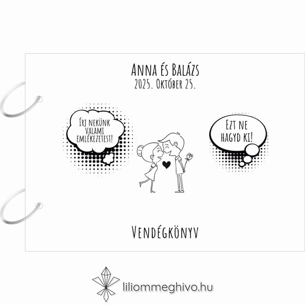 Buborék esküvői vendégkönyv modern és képregényes hangulat fekete-fehér