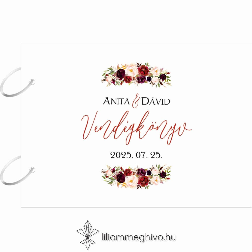 Burgundy esküvői vendégkönyv bordó virágokkal