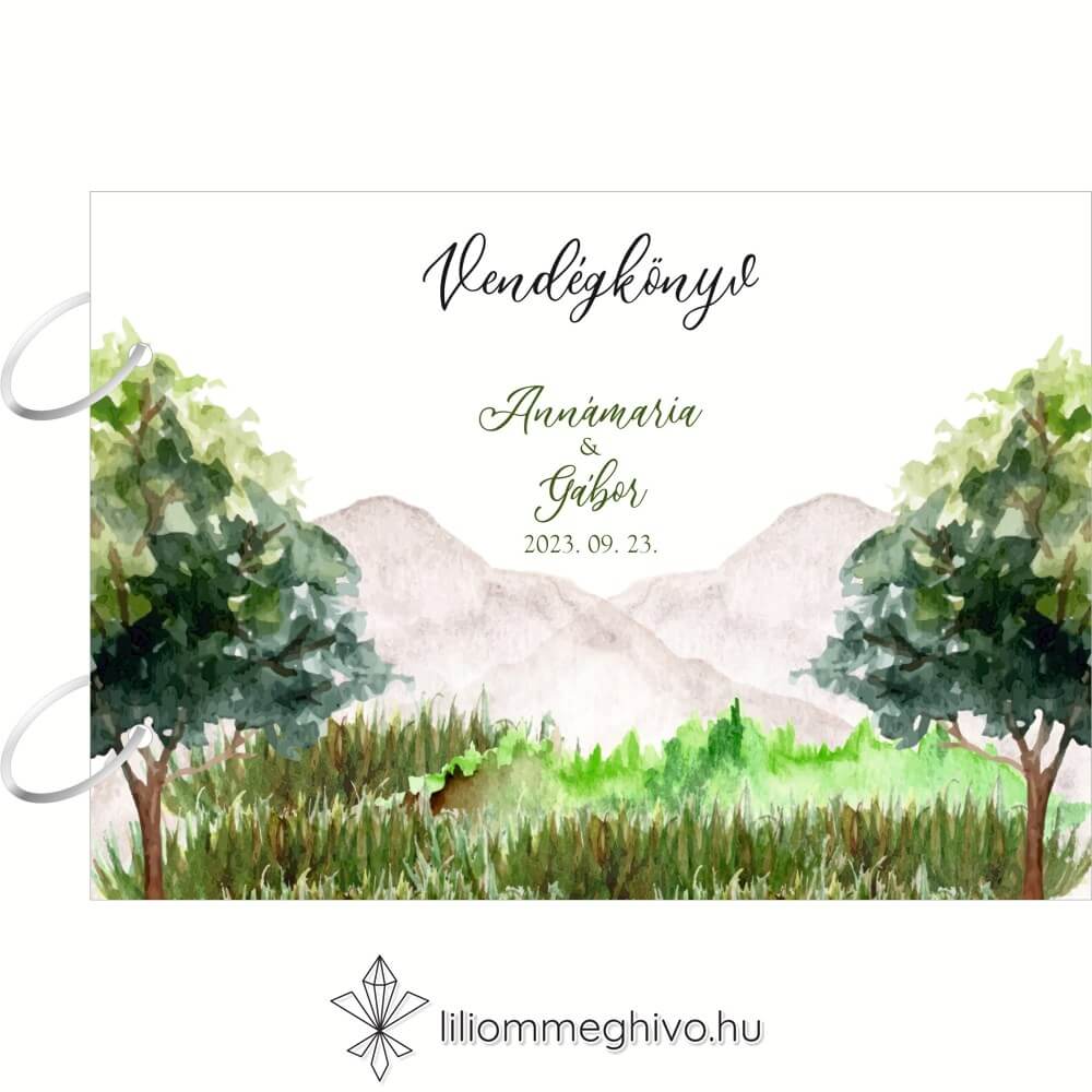 Hársliget esküvői vendégkönyv fém kapcsokkal zöld fákkal