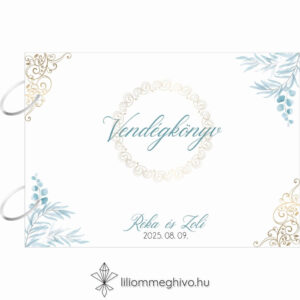 Jégvirág esküvői vendégkönyv téli esküvőre kék virágok arany minták