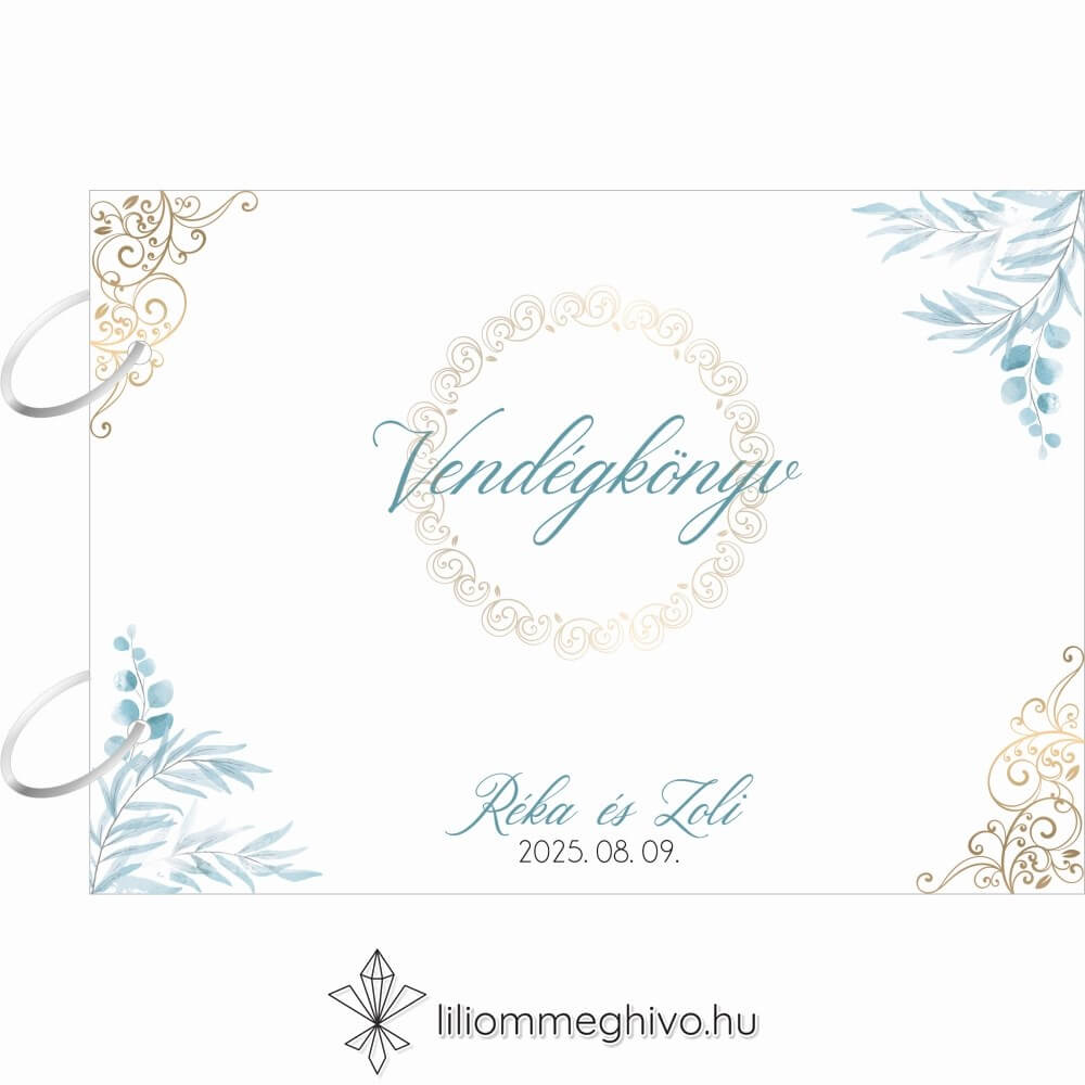 Jégvirág esküvői vendégkönyv téli esküvőre kék virágok arany minták