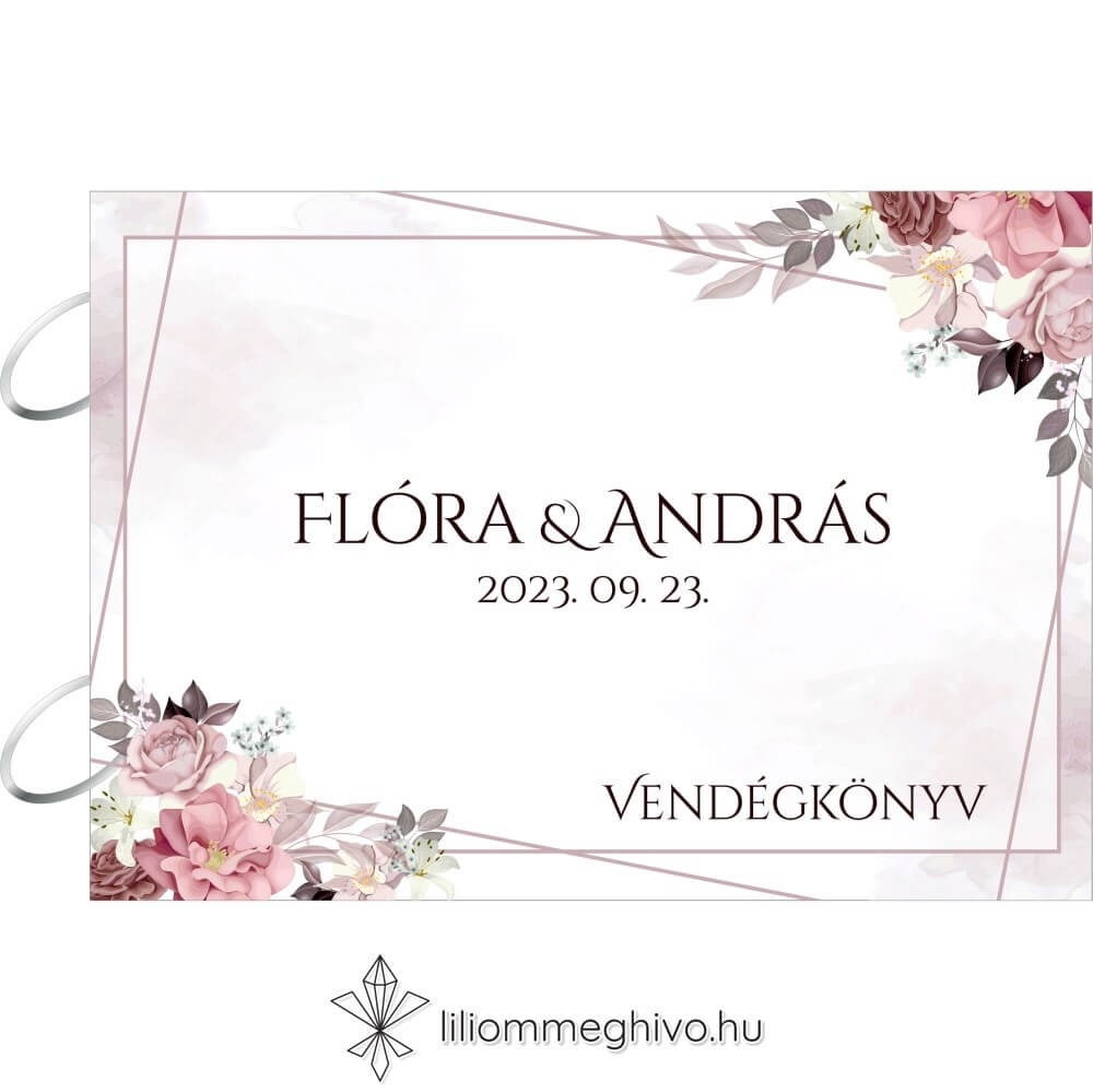 Mályva esküvői vendégkönyv fém kapcsokkal virágmintával