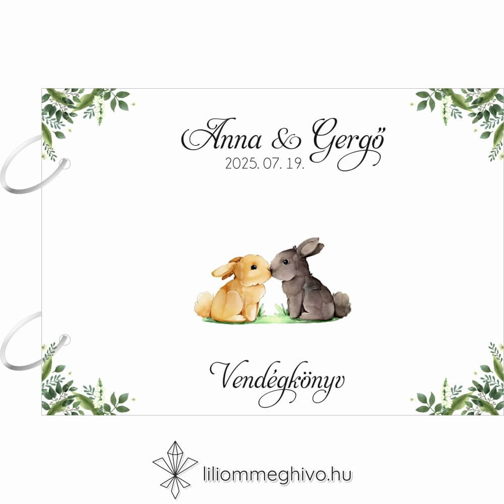 Tappancs esküvői vendégkönyv greenery minta nyuszikkal