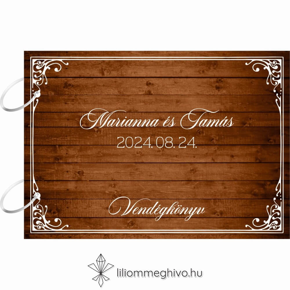 Pajta esküvői vendégkönyv fém kapcsokkal festett deszkaminta fehér betűk