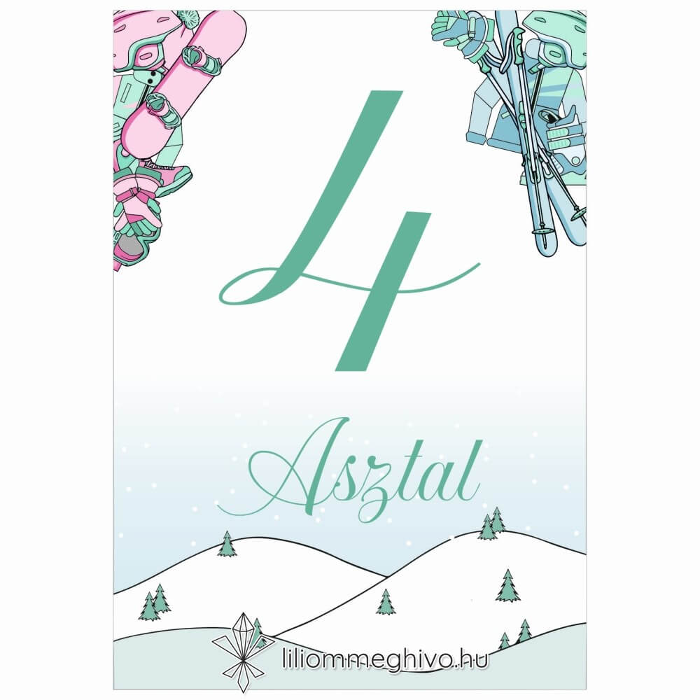 Hütte esküvői asztalszám pasztell színek síelős hangulat egyoldalas