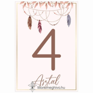 Indián esküvői asztalszám pasztell színű tollakkal egyoldalas verzió