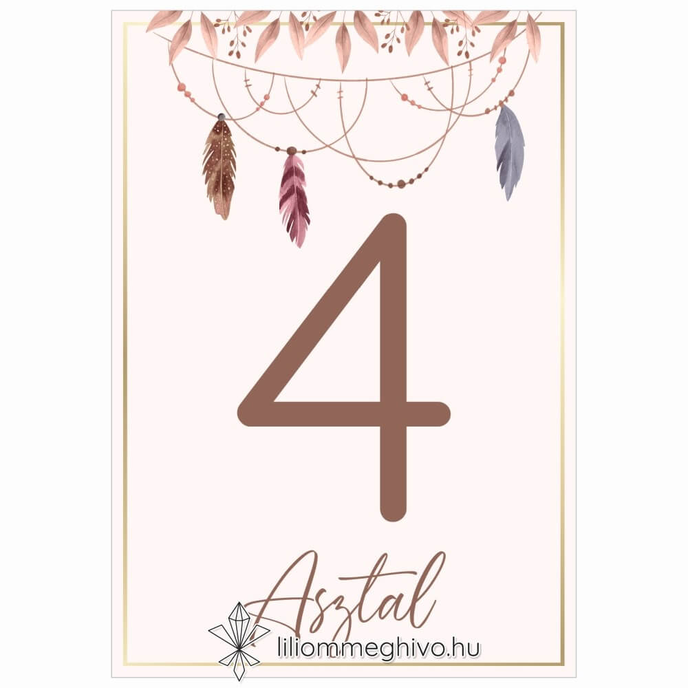 Indián esküvői asztalszám pasztell színű tollakkal egyoldalas verzió