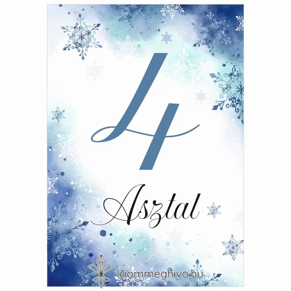 Jégvarázs esküvői asztalszám festett kék háttér szikrázó jégkristályok egyoldalas