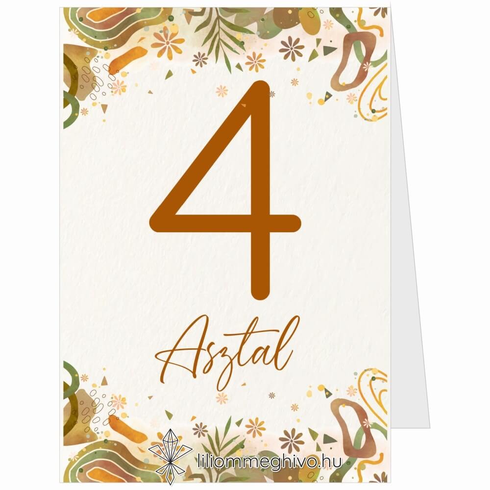 Őszi kavalkád esküvői asztalszám pasztell színek levelek sátor verzió