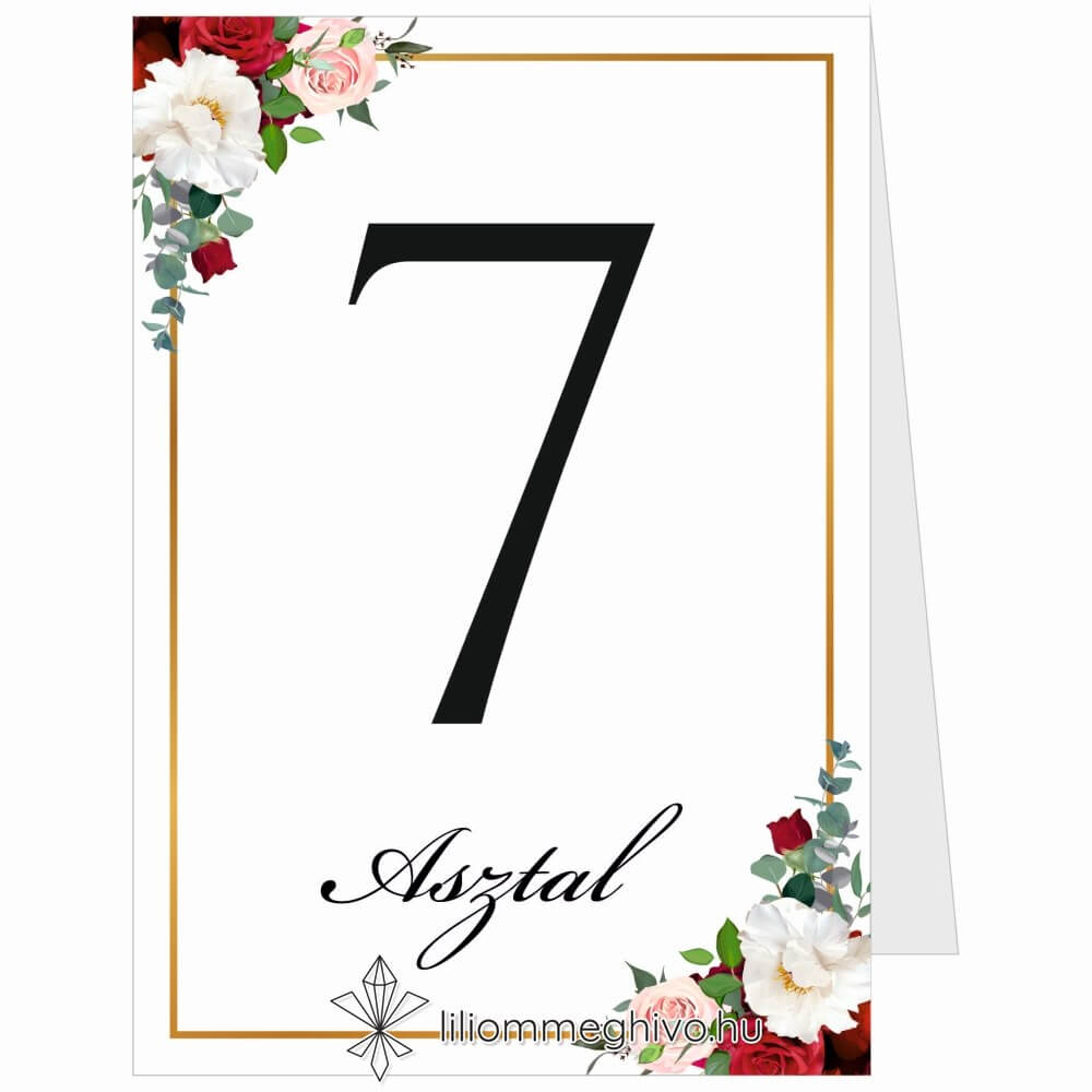 Rózsa esküvői asztalszám rózsákkal arany kerettel sátor alak