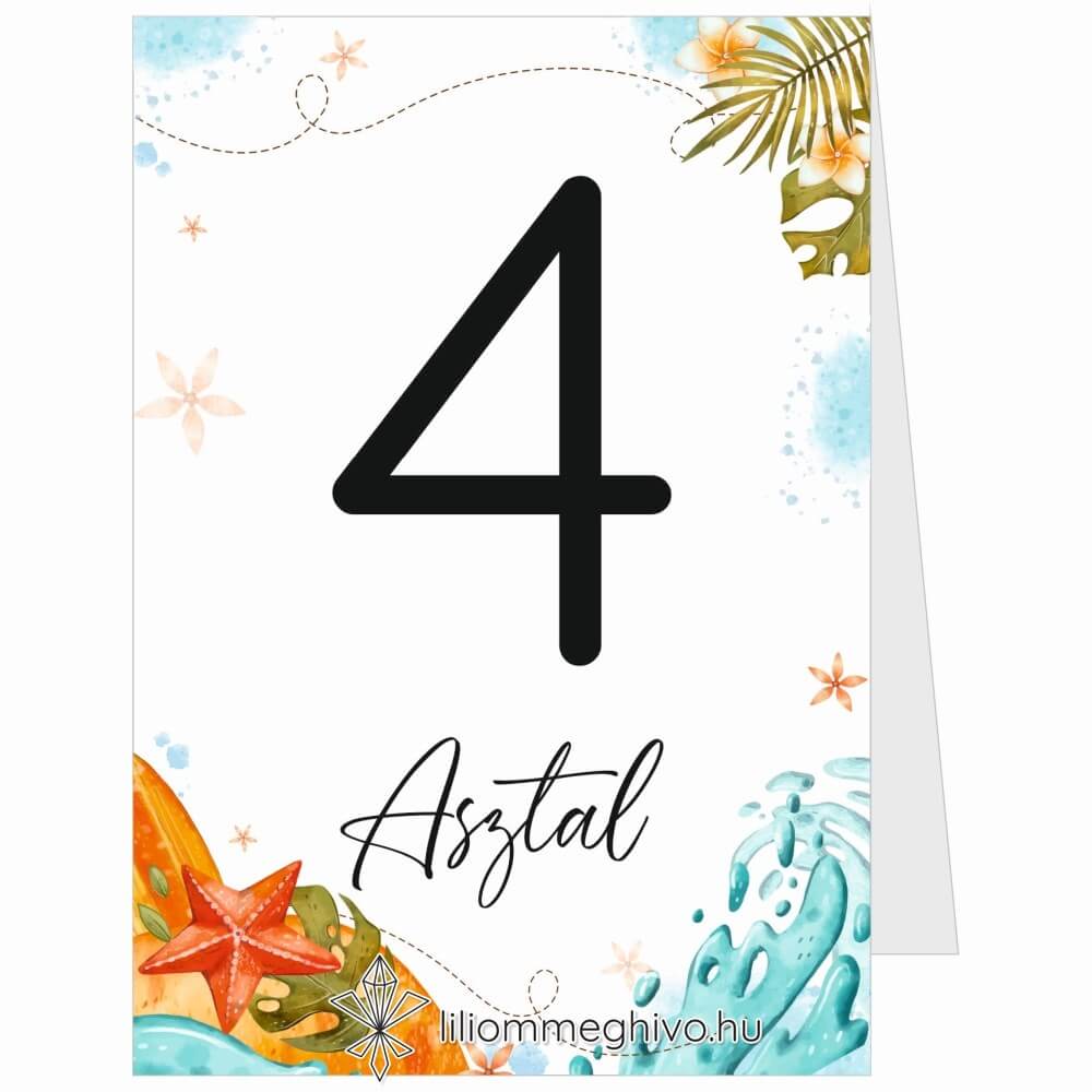 Tunézia esküvői asztalszám tengerparti rajzokkal sátor alak