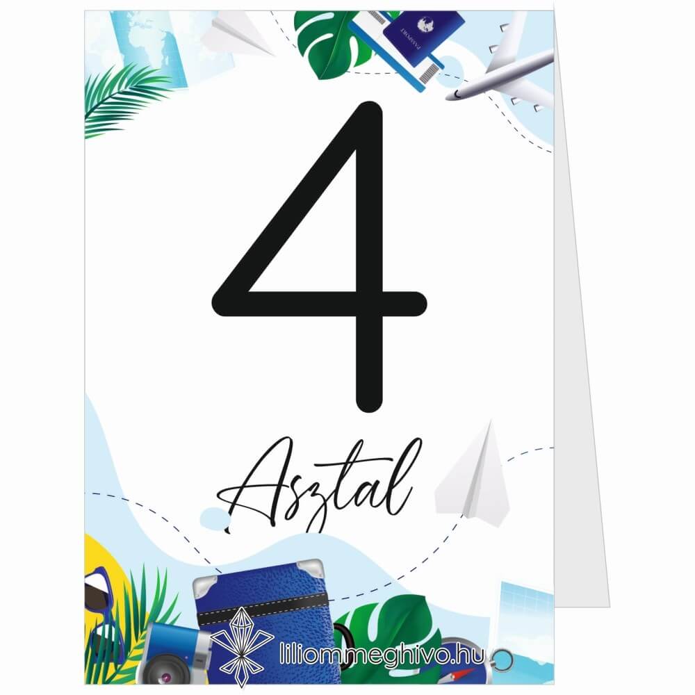 Világjáró esküvői asztalszám élénk színek utazásos grafikák sátor alak