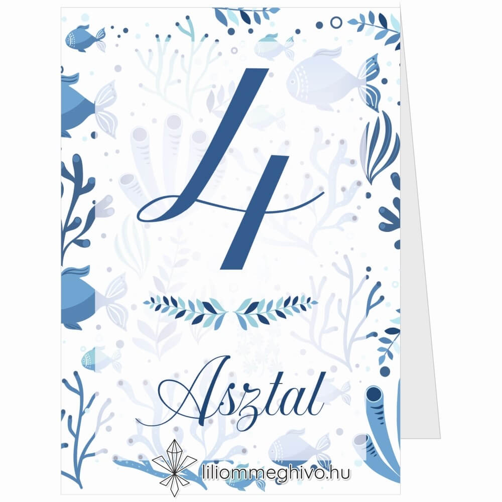 Vízivilág esküvői asztalszám kék színek vizes grafikák sátor alak