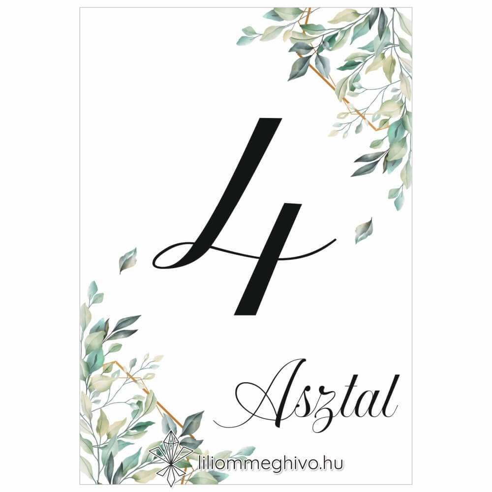Kőris esküvői asztalszám zöld színek greenery hangulat egyoldalas