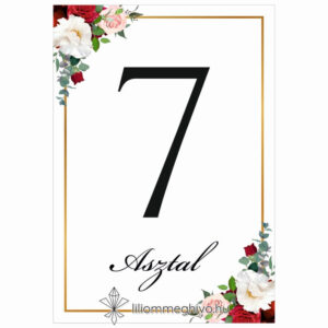 Rózsa esküvői asztalszám rózsákkal arany kerettel egyoldalas verzió