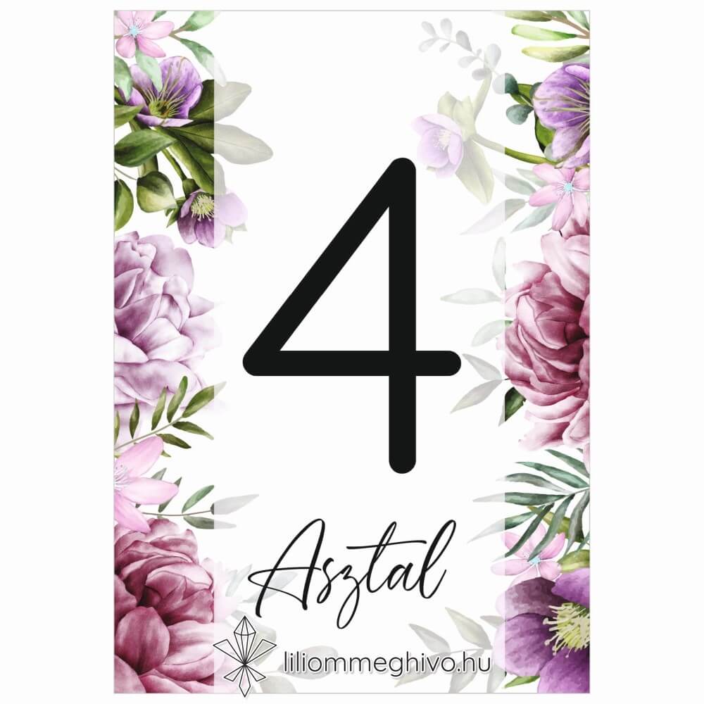 Szellőrózsa esküvői asztalszám színes virágkerettel egyoldalas verzió