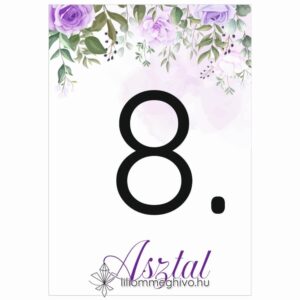 Tavasz esküvői asztalszám lila virágokkal egyoldalas verzió