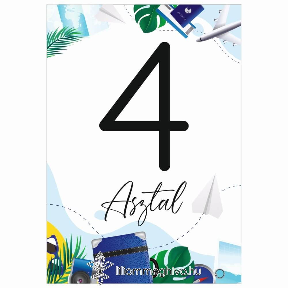 Világjáró esküvői asztalszám élénk színek utazásos grafikák egyoldalas