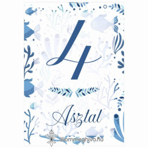 Vízivilág esküvői asztalszám kék színek vizes grafikák egyoldalas