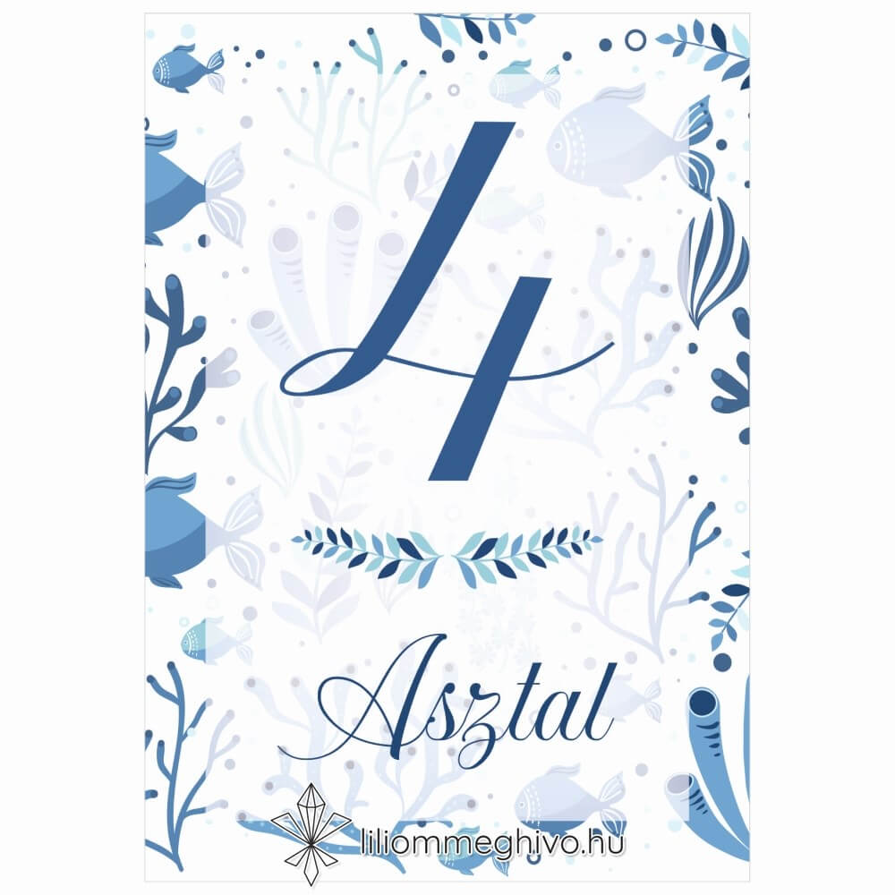 Vízivilág esküvői asztalszám kék színek vizes grafikák egyoldalas
