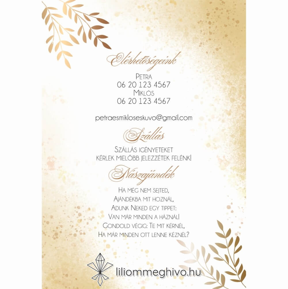 Aranypor esküvői Infókártya elegáns arany színű csillogás egyoldalas
