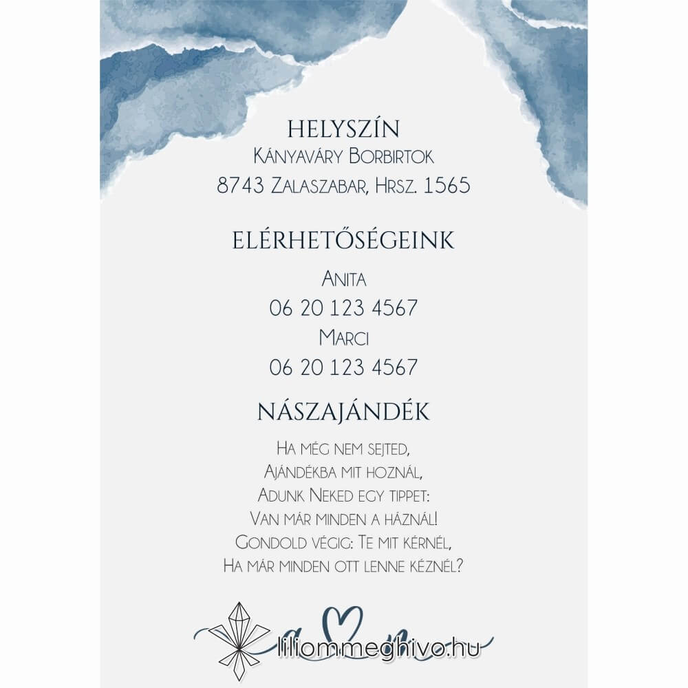 Fellegek esküvői infókártya festett stílus egyoldalas