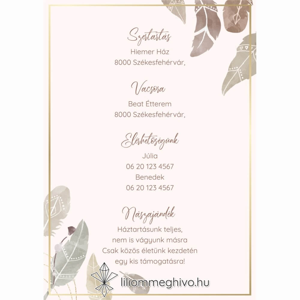 Indián esküvői infókártya pasztell színű tollakkal egyoldalas verzió