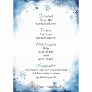 Jégvarázs esküvői infókártya festett kék háttér szikrázó jégkristályok egyoldalas
