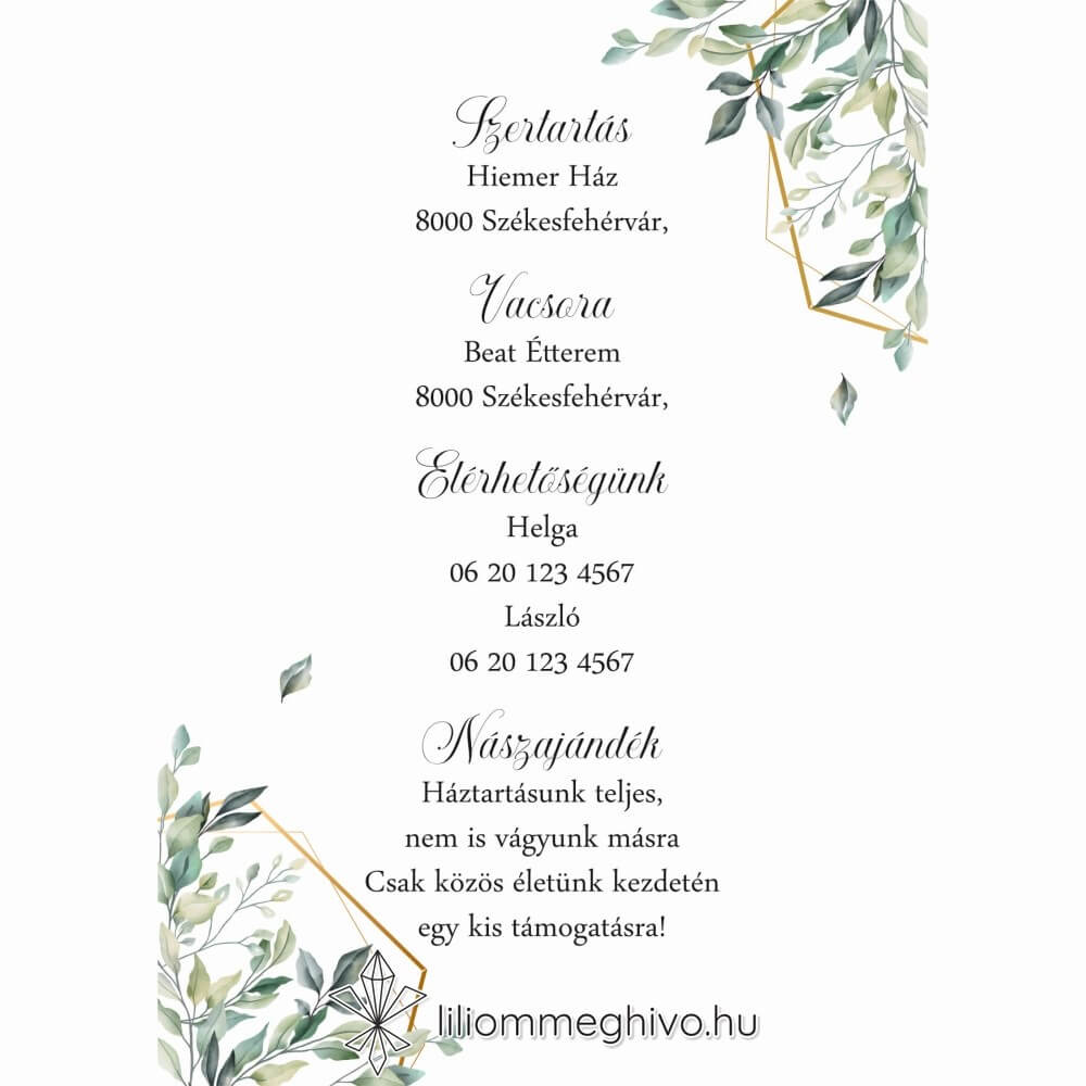 Kőris esküvői infókártya zöld színek greenery hangulat egyoldalas