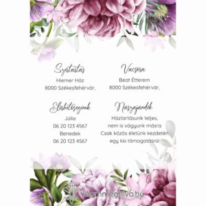 Szellőrózsa esküvői infókártya színes virágkerettel egyoldalas verzió