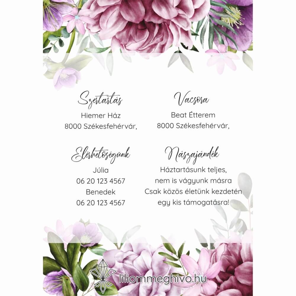 Szellőrózsa esküvői infókártya színes virágkerettel egyoldalas verzió