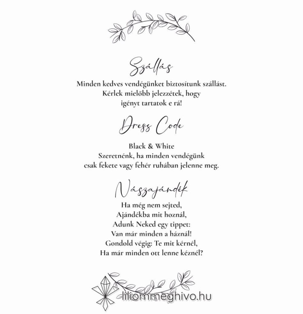 Szignó esküvői infókártya modern fekete-fehér stílus egyoldalas verzió