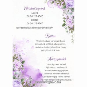 Tavasz esküvői infókártya lila virágokkal egyoldalas verzió