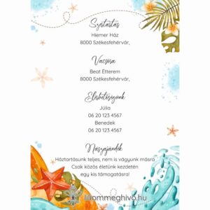 Tunézia esküvői infókártya tengerparti rajzokkal egyoldalas verzió