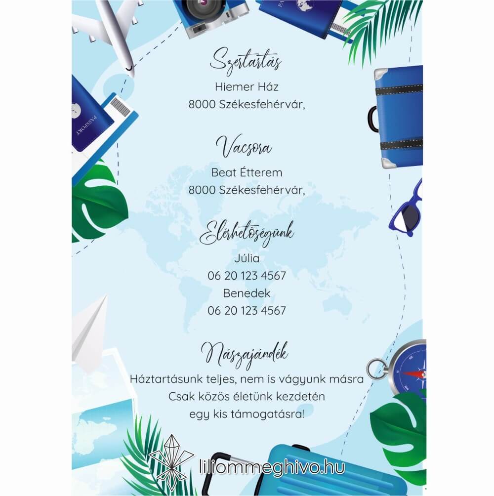 Világjáró esküvői infókártya élénk színek utazásos grafikák egyoldalas