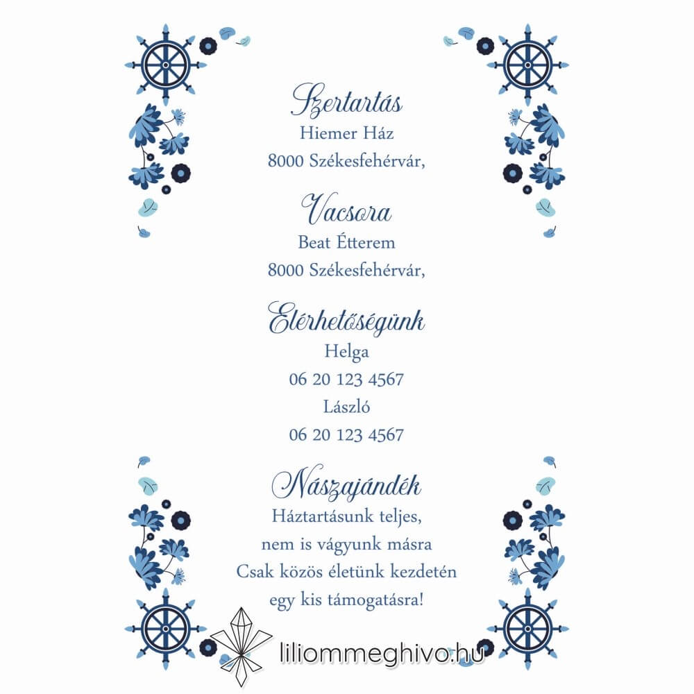Vízivilág esküvői infókártya kék színek vizes grafikák egyoldalas