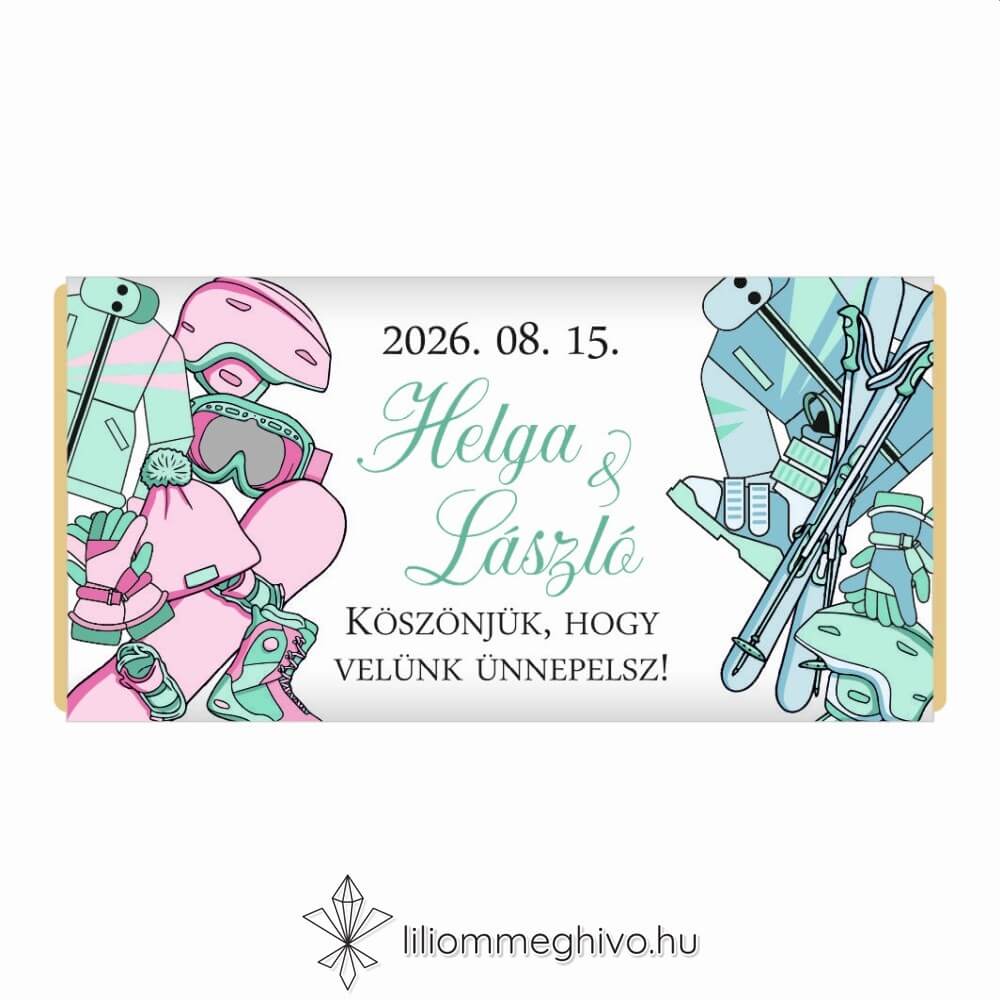 Hütte esküvői csokoládé vendégajándék pasztell színek síelős hangulat